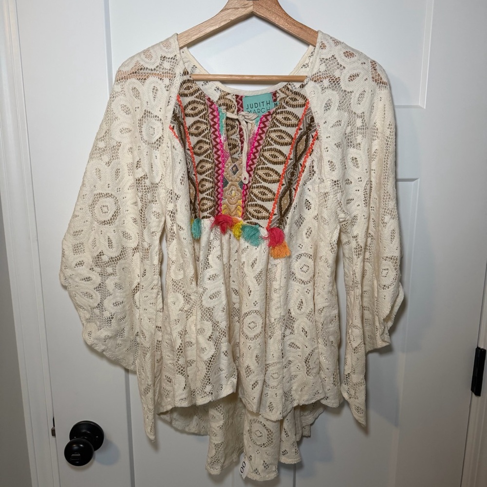Judith March Cream and Pink Embroidered Boho Top Tassel Medium EUC Festival top